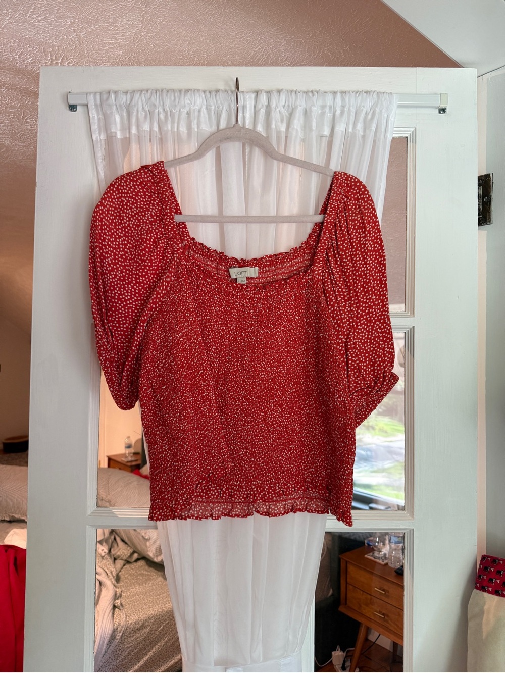 LOFT Red Dot Puff Sleeve Smocked-Hem Peasant Blouse